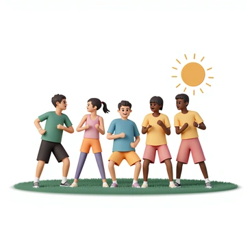 A group of five kids, three boys and two girls, are performing squats on a lush green grassy field. One boy, wearing a blue t-shirt and black shorts, is leading the group. The two girls, one in a pink tank top and orange shorts, and the other in a yellow t-shirt and purple leggings, are focused on their movements. The remaining boys are wearing green t-shirts and red shorts, aligning their actions with the leader. The sun shines brightly in the sky, illuminating the scene as the kids encourage each other, smiling and laughing while exercising together.