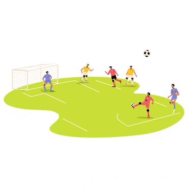 A soccer field with a green pitch and white boundary lines. Several players dressed in brightly colored jerseys are in dynamic action poses, some running and others preparing to kick the ball. A black and white soccer ball is soaring through the air towards a goal situated at one end of the field. The goal is made of metal and has a white netting, ready to catch the ball. Spectators in the background are cheering, adding to the excitement of the thrilling soccer game.