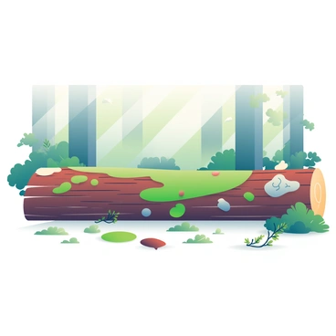 A fallen log is lying horizontally on the forest floor, its surface covered in lush green moss and various lichens. The log has a rough texture with bark peeling off in places. Surrounding the log are small ferns and scattered fallen leaves, creating a natural carpet. Sunlight filters through the tall trees above, casting soft, dappled light on the log and highlighting the vibrant greens of the moss. In the background, there are more trees with dense foliage, adding depth to the scene.