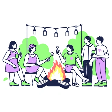 A group of people is gathered around a bonfire during the celebration of Lag BaOmer. There are five adults, two men and three women, engaged in lively conversation. One woman is wearing a floral dress, while another is wearing denim shorts and a bright t-shirt. The first man has a hat on, and the other is wearing a simple shirt and jeans. The bonfire is large and crackling, surrounded by wooden logs placed casually around it for seating. In the background, there are trees creating a natural border, and a few lanterns hanging from the branches, casting a soft light. Some people are roasting marshmallows on sticks, while others are holding cups, enjoying the warmth of the fire. A festive atmosphere permeates the scene, capturing a moment of joy and community.