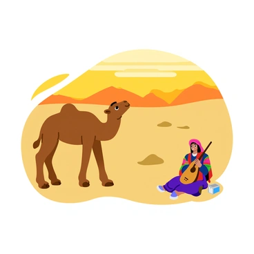 A brown camel standing on the sandy desert, with its ears perked up, listening attentively. Nearby, a musician seated on the ground plays an oud, a pear-shaped string instrument. The musician has long hair and is dressed in traditional clothing, with vibrant patterns. The sun is setting, casting warm orange and yellow hues across the sky. Small dunes create soft shadows on the sand, enhancing the serene atmosphere of the scene.