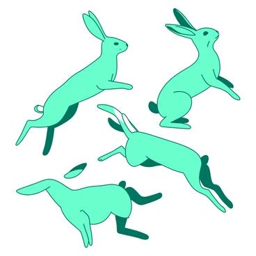 A minimalistic illustration in teal and white depicts a hare in various poses. Each pose showcases the hare's graceful form, with elegant lines and curves that outline its body. The hare is captured in motion, with one pose featuring it mid-leap, ears extended, and another showing it poised on its hind legs. The simplicity of the design highlights the natural beauty and agility of the hare, drawing attention to its slender legs and long ears. The background remains clean and unobtrusive, allowing the focus to remain on the hare's fluid shapes.