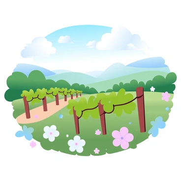A vineyard in spring, with blossoming flowers and fresh green leaves on the vines.