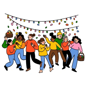 A joyful harvest festival scene with multiple people dancing and celebrating together. The crowd consists of individuals of various ethnicities, wearing vibrant clothing in autumn colors. They are smiling and moving rhythmically, showcasing a sense of joy and community. Strands of colorful festival lights hang overhead, illuminating the scene with a warm glow. Some individuals are holding hands, while others are clapping and laughing. In the background, there are baskets filled with fruits and vegetables, symbolizing the bountiful harvest. The overall atmosphere is lively and festive, capturing the spirit of celebration.