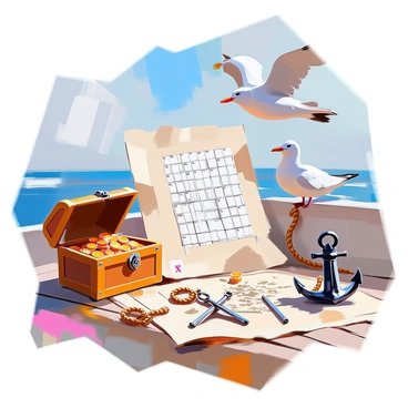 A pirate-themed crossword puzzle positioned on a ship's wooden deck. The crossword grid is made up of crisp black and white squares. Surrounding the grid are illustrated pirate items that serve as clues. There is a treasure chest overflowing with gold coins, a pair of crossed cutlasses, an anchor, a compass, and a weathered map marked with an "X". The ship's deck is detailed with planks showing the wear and tear of the sea, and a rope coiled nearby adds to the nautical ambiance. A seagull can be seen flying overhead against a clear blue sky.