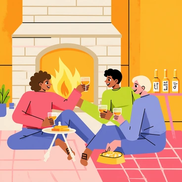 A group of three friends sitting together on a soft, checkered blanket by a warm, glowing fireplace. The friends are diverse in appearance, with one having curly brown hair, another with straight black hair, and the last with short blonde hair. Each person is holding a glass of amber whiskey, smiling and sharing stories. The fireplace is surrounded by stone, and the flames are flickering brightly. A small wooden table nearby holds a few whiskey bottles and snacks. The room has wooden walls and a warm ambiance, illuminated by the fireplace's light.