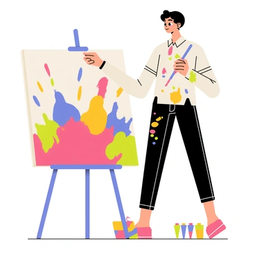 A person standing in front of a large canvas, holding a paintbrush in one hand. The canvas is filled with a mix of vibrant colors like bright reds, blues, yellows, and greens, blending together in dynamic patterns. The person is wearing a white shirt splattered with various paint colors, indicating their artistic work. The background includes a small easel with additional paint tubes scattered around, showcasing their creative tools. The person's expression reflects concentration and passion as they immerse themselves in the act of painting.