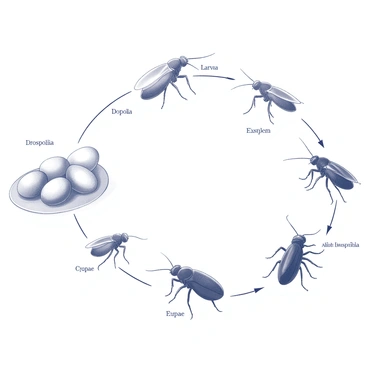 An illustration depicting the lifecycle stages of "Drosophila". The image includes several clearly defined sections to show each stage of development. The first section features a cluster of "eggs" laid on a surface. The second section presents "larvae" emerging from the eggs, characterized by their elongated and segmented bodies. The third section illustrates "pupae", which are enclosed in a hardened casing, displaying the transformation process. The final section shows "adult Drosophila" with fully developed wings and distinct body features, positioned in a way that highlights their anatomical details. Each stage is labeled with the corresponding names, creating an informative visual representation of the lifecycle.