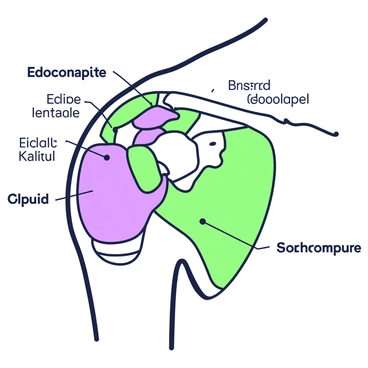 A detailed view of the human shoulder joint is illustrated, highlighting the intricate anatomy. The image features the "humerus" bone connected to the "scapula," which is prominently displayed with its distinct shape. Surrounding the bones are various "muscles," including the "deltoid" and "rotator cuff" muscles, clearly labeled to indicate their positions. The tendons attach to the bones, showcasing their connection and function. The joint capsule is visible, enveloping the shoulder joint, providing clarity to the structure. The surrounding tissues and ligaments are also illustrated, emphasizing the complexity of the shoulder joint's anatomy.