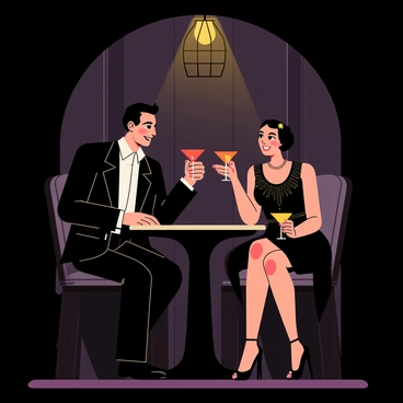 A mysterious speakeasy with low, dim lighting creating an intimate atmosphere. The interior is adorned with dark wooden panels and vintage decor. In the foreground, a couple is seated at a small round table, both smiling while enjoying drinks in elegant coupe glasses. The man is dressed in a classic black suit with a white shirt, while the woman wears a stylish, flapper-inspired dress with intricate beading. Soft shadows create an alluring ambiance, and an antique chandelier hangs overhead, casting a warm glow over the scene.
