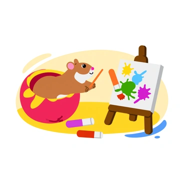 A small hamster with fluffy fur is actively running in a colorful wheel. The wheel is bright red with yellow accents. In front of the hamster, there is a mini easel holding a canvas, which features splashes of paint in vibrant colors. The hamster is holding a tiny paintbrush in its paws, and there are several paint tubes scattered around on the surface nearby. The backdrop includes a cozy room with a wooden floor and bright, cheerful surroundings. A few colorful splatters are on the ground, showcasing the hamster's artistic flair.