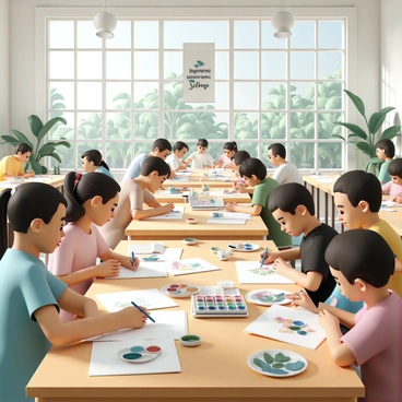 A spacious workshop room filled with large wooden tables covered in art supplies such as colored pencils, watercolors, and sketchbooks. Several participants, diverse in age and gender, are seated around the tables, focused on their art. Each participant is working on nature-inspired free illustrations featuring flowers, leaves, and trees. Sunlight streams in through large windows, illuminating the vibrant colors of the participants' artwork. In the background, lush greenery from the botanical garden is visible, adding to the atmosphere of creativity and inspiration. "Nature-inspired free illustrations" is written on a banner hanging on the wall.