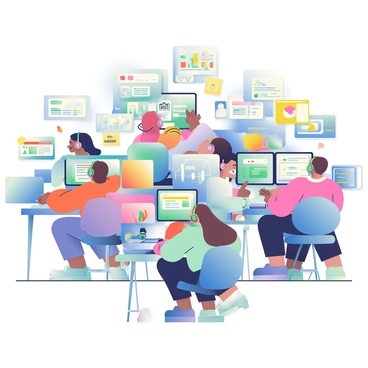 A tech support area is filled with several employees actively troubleshooting. Multiple monitors are arranged on their desks, displaying various technical issues and solutions. Each employee is wearing a headset, focused on communicating with clients. The monitors glow with vibrant colors, showing charts and software interfaces. Cables are neatly organized on the desks, and there are sticky notes with reminders scattered around. The atmosphere is busy and collaborative, with some employees discussing problems while others type on their keyboards. The room has bright overhead lighting, illuminating the workspace clearly.