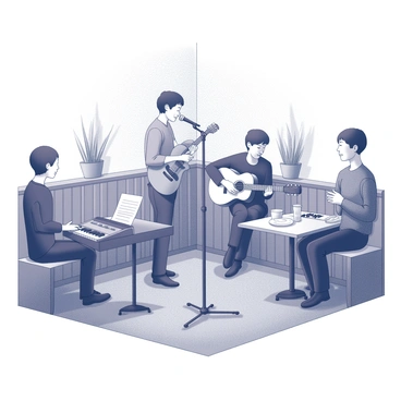 A small band consisting of three musicians is playing live music in a cozy cantine corner. One musician is seated at a compact keyboard, with sheet music visible in front of them. Another musician is playing an acoustic guitar, resting against their leg while strumming gently. The third musician is standing with a microphone, singing into it with a focused expression. The corner of the cantine has warm wooden walls and a few small tables with patrons enjoying their meals. Dim lighting creates a comfortable atmosphere, with shadows softly cast around the performers. A few decorative plants are placed on the tables, adding a touch of life to the scene.