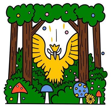 A curious griffon with golden fur and large, majestic wings is peeking through the trees in a dense, enchanted forest. The griffon has bright, expressive eyes and a sharp beak. Sunlight filters through the thick canopy above, casting dappled light onto the forest floor. Surrounding the griffon are tall, green trees with intricate bark patterns and a variety of lush plants and flowers. The atmosphere is filled with magical elements, such as glowing orbs of light and colorful mushrooms.