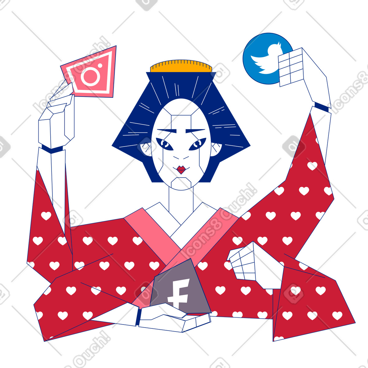 下载 Neo-Sakura 风格的 Modern kabuki-style character balancing social apps, Digital identity and communication 插画，支持 PNG、SVG 格式