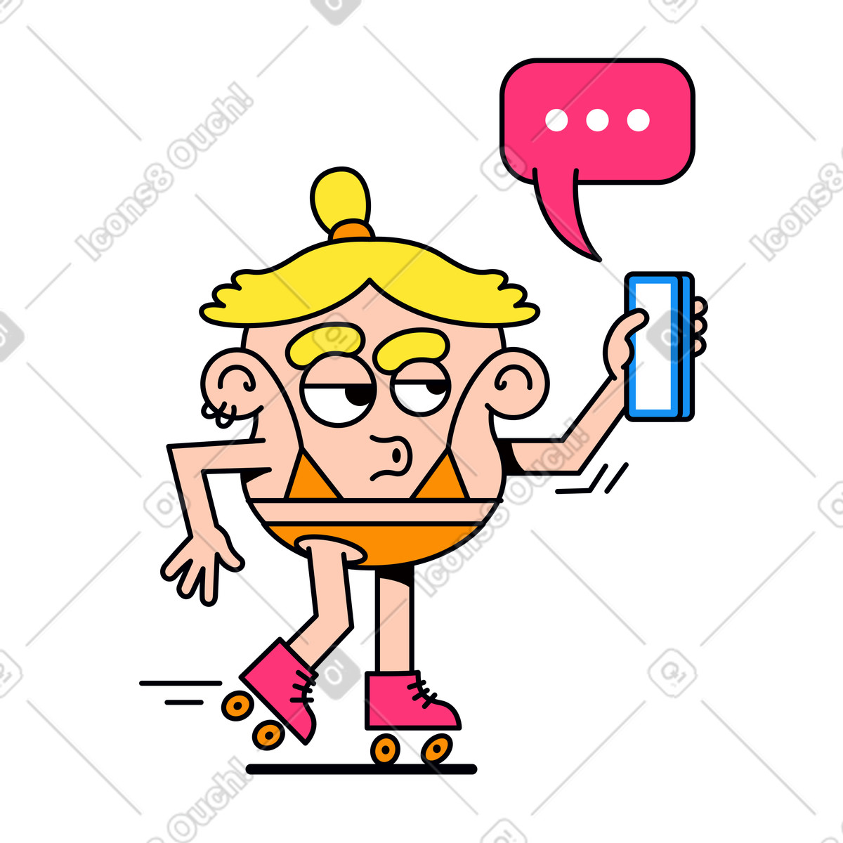 Nachrichten am telefon beim rollschuhlaufen animierte Illustration im Droll-Stil als Download in GIF, Lottie (JSON), AE