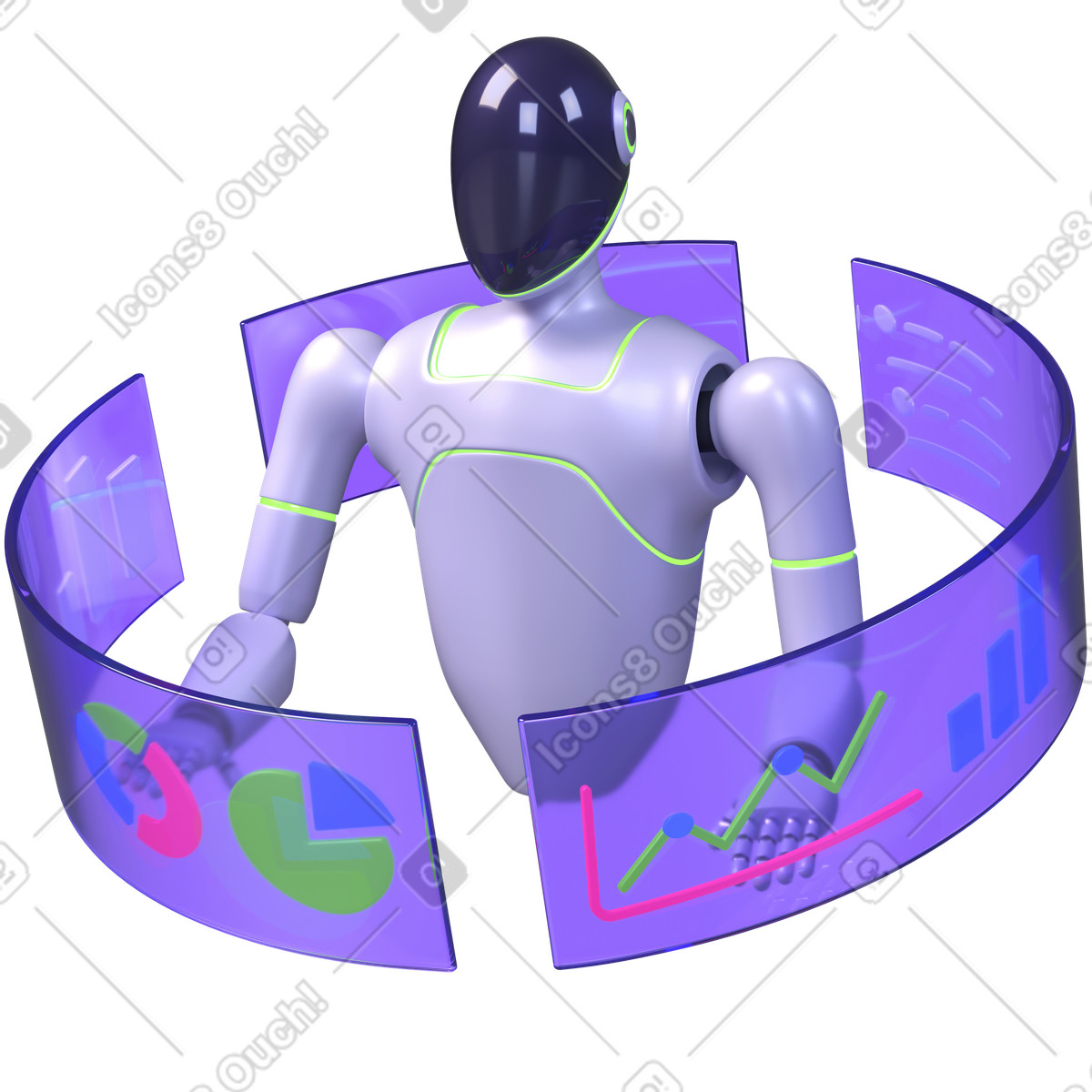 Ai data analysis, futuristic robot dashboard, business intelligence visualization illustration in PNG, SVG