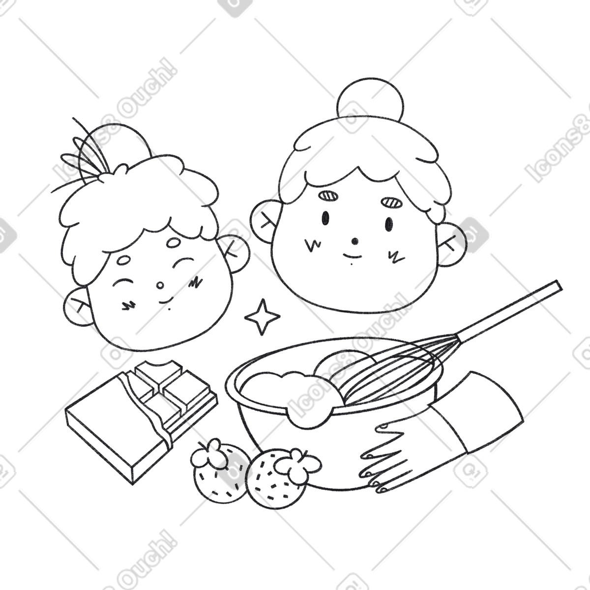 Ilustración Mamá e hija haciendo cupcakes de chocolate con fresas juntos en estilo Bonbon Line a descargar en PNG y SVG