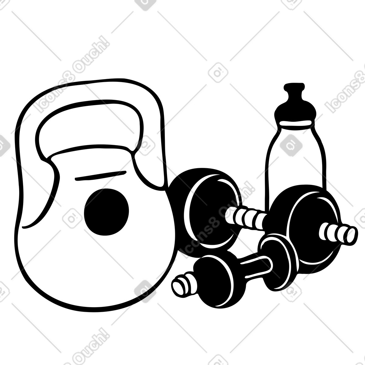 Attrezzatura da palestra. kettlebell, manubrio e bottiglia d'acqua illustrazione in stile Journal scarica in PNG, SVG