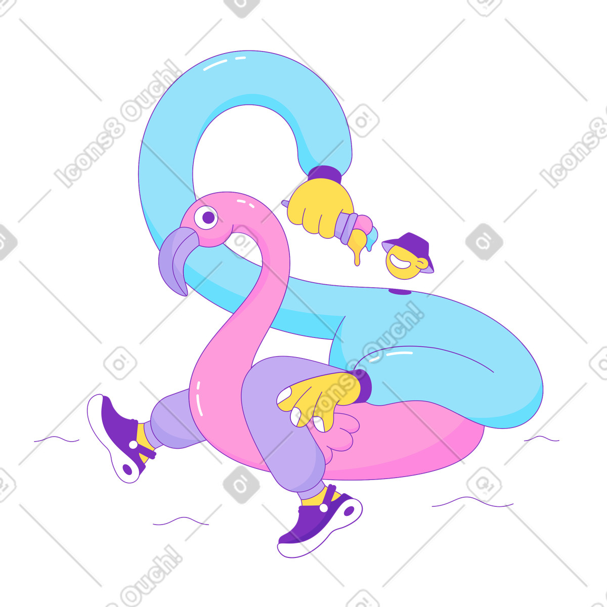 Ilustração de Cara sorvete flutuando em um flamingo rosa inflável no estilo Elastic para baixar PNG, SVG