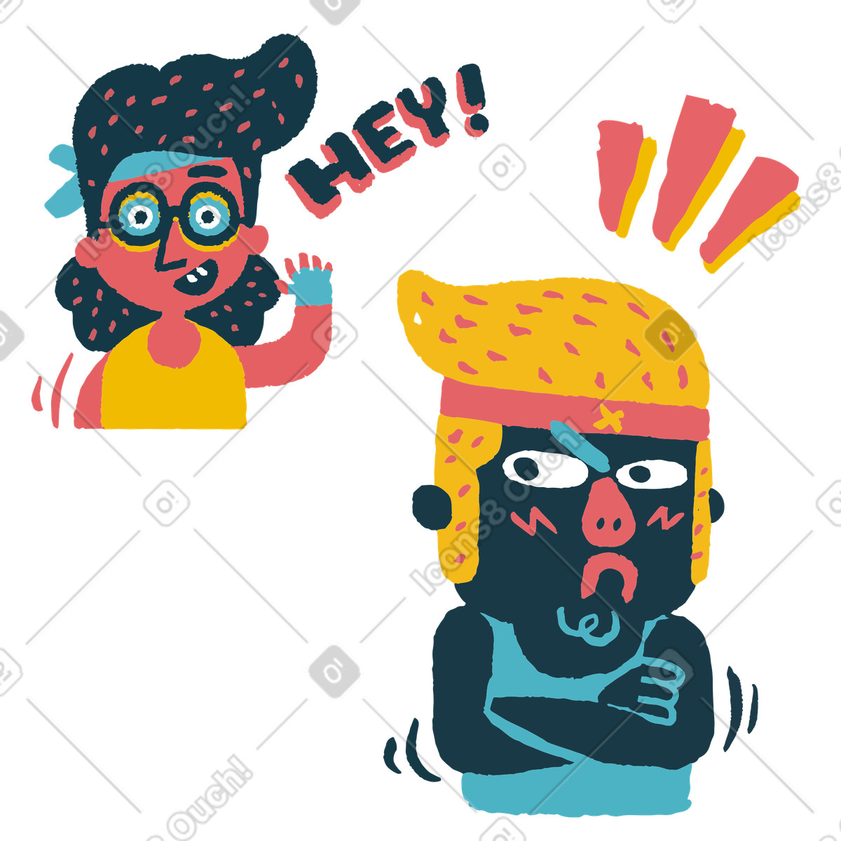 Woman saying hey to a grumpy man illustration unique clipart graphics