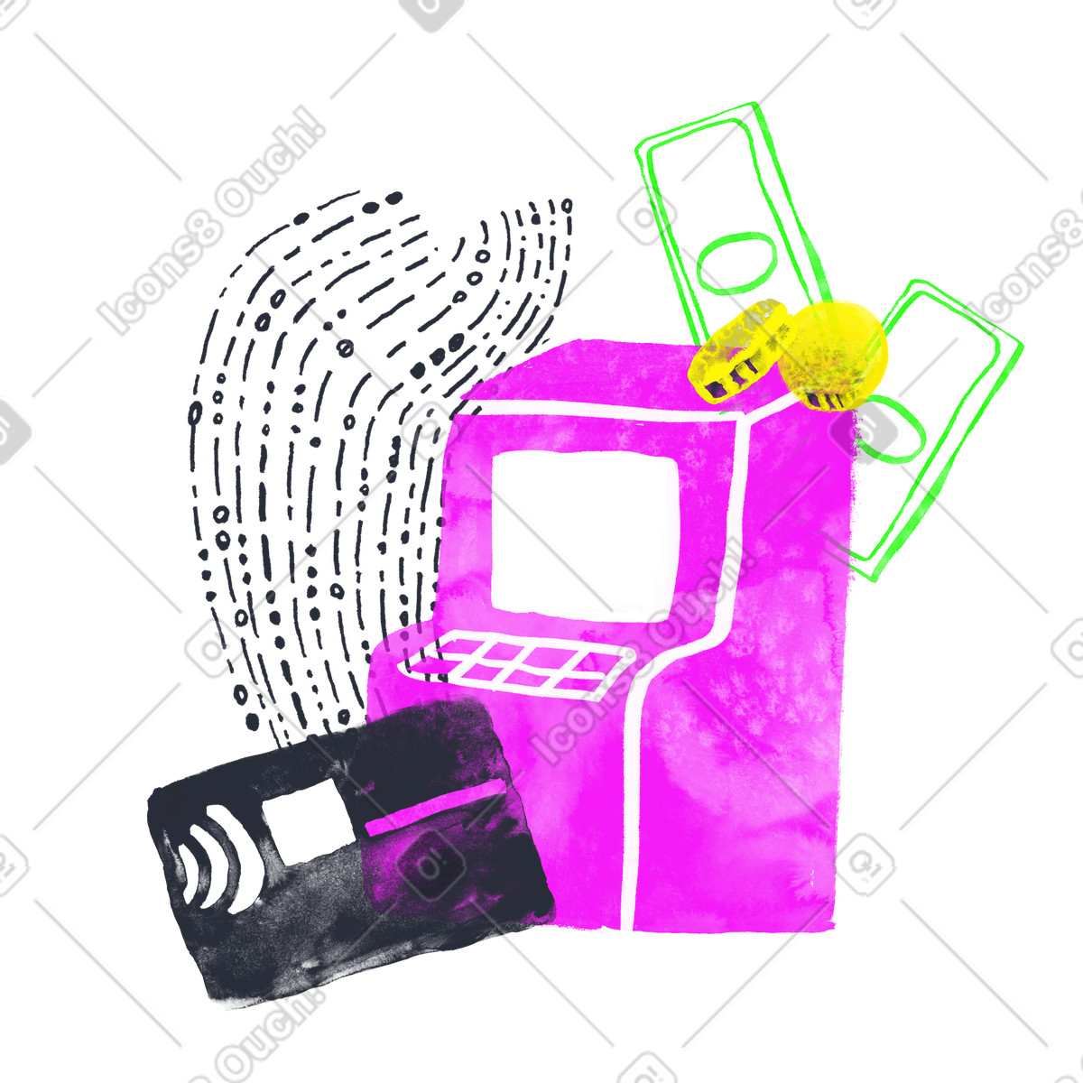 Bank terminal cash exchange with card illustrazione in stile Inky scarica in PNG, SVG