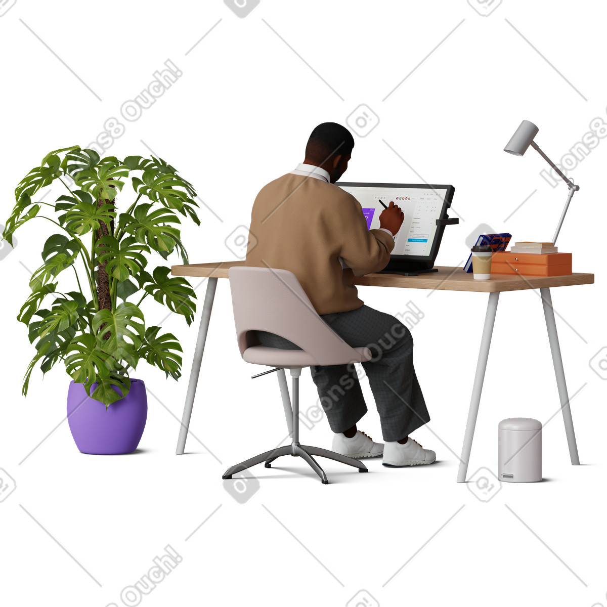 Illustration Front view of young man working on graphic tablet dans le style 3D Hygge à télécharger aux formats PNG, SVG