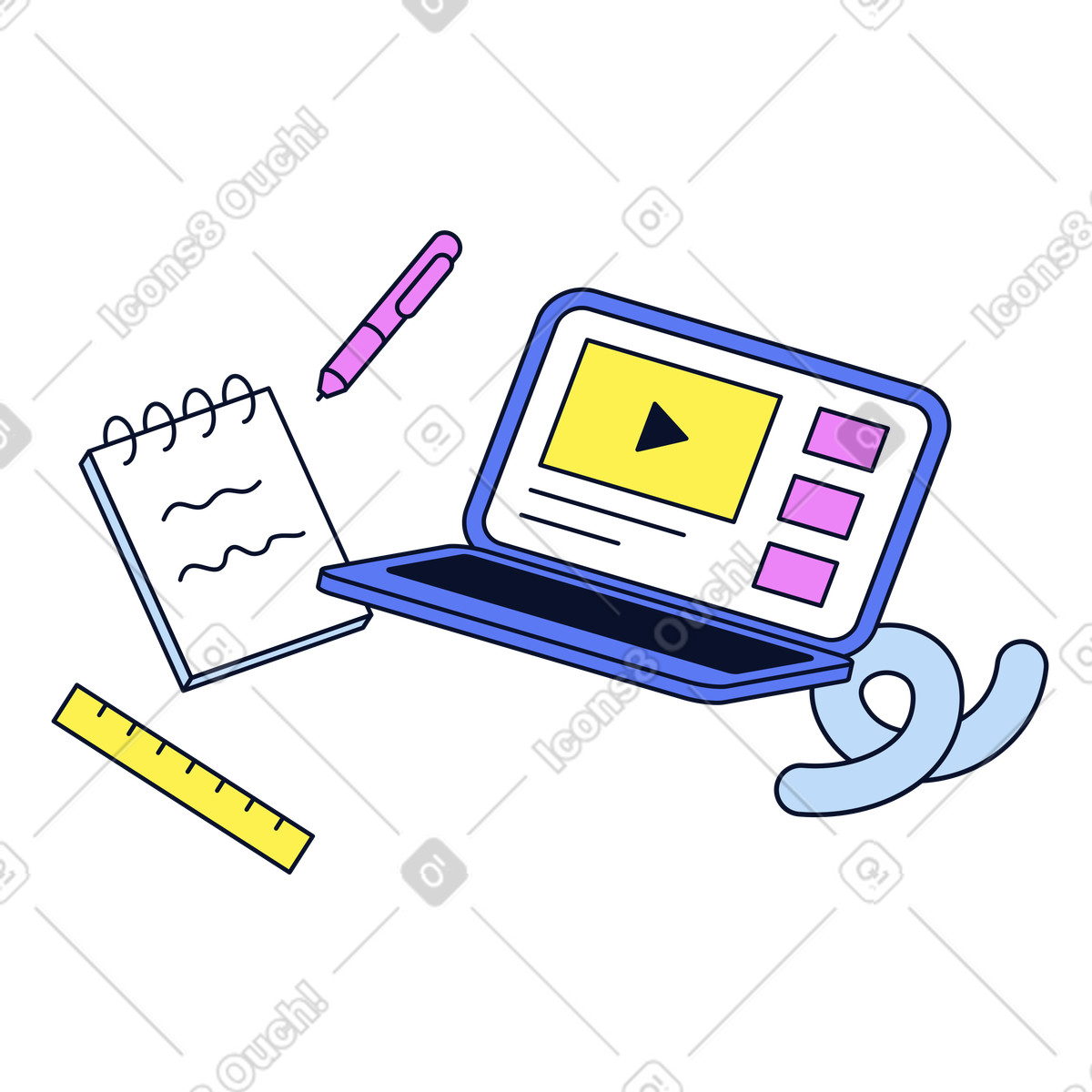 Laptop with video lesson and stationery, Online learning and remote education setup illustration in Flexy style download in PNG, SVG