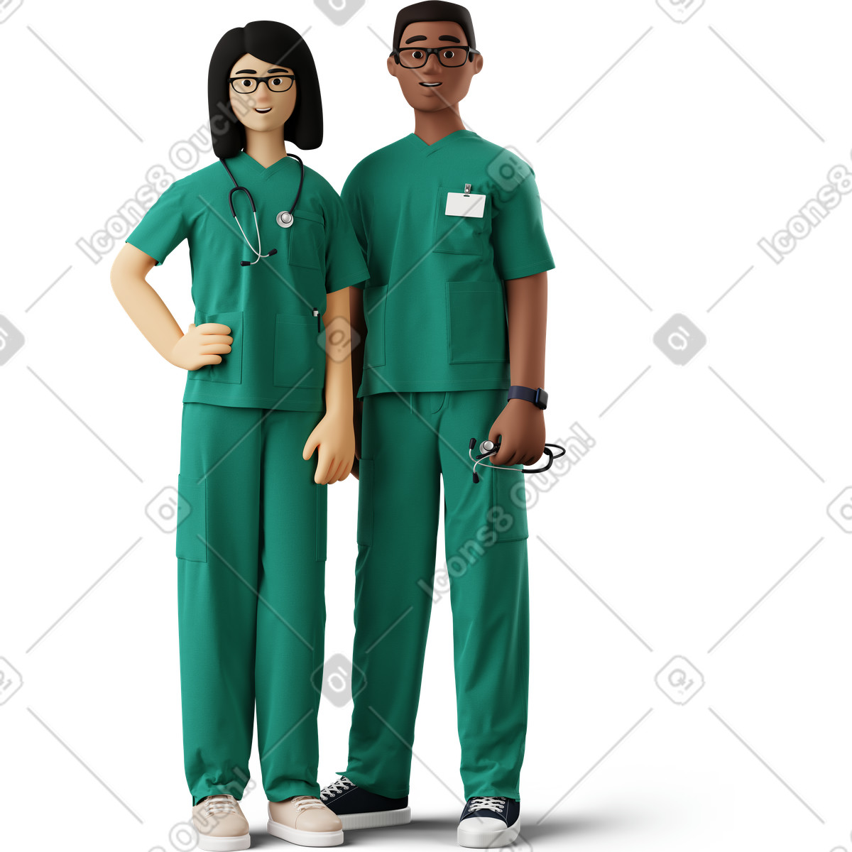 下载 3D Business 风格的 Young doctors standing together 插画，支持 PNG、SVG 格式