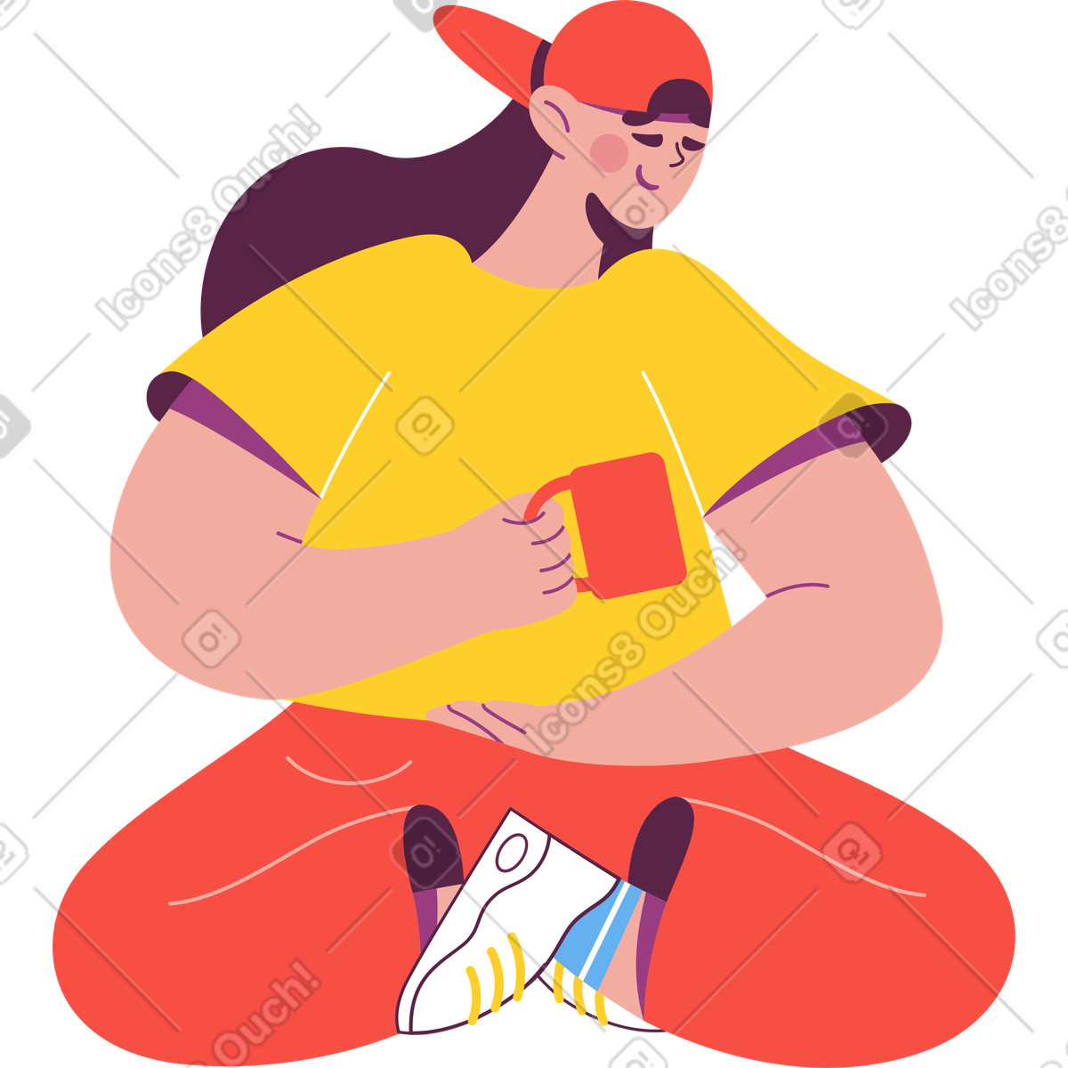 Woman in yoga pose with a mug illustration Sammy style download PNG, SVG
