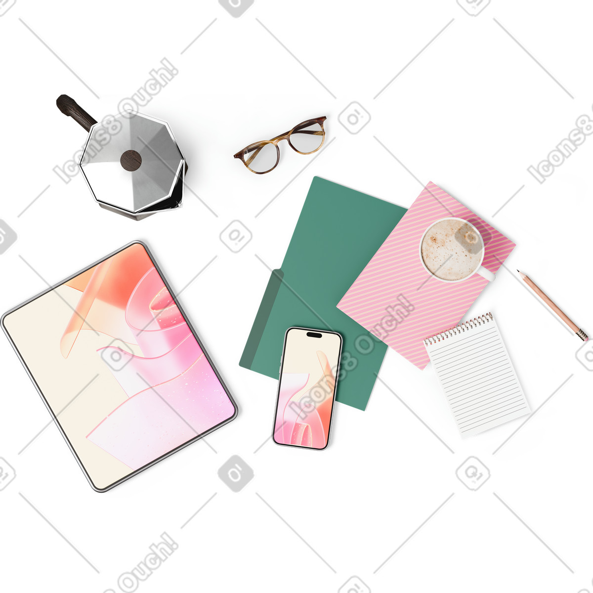 Top view of tablet, folder, smartphone, notebooks, moka pot and cup coffee illustration in 3D Hygge style download in PNG, SVG