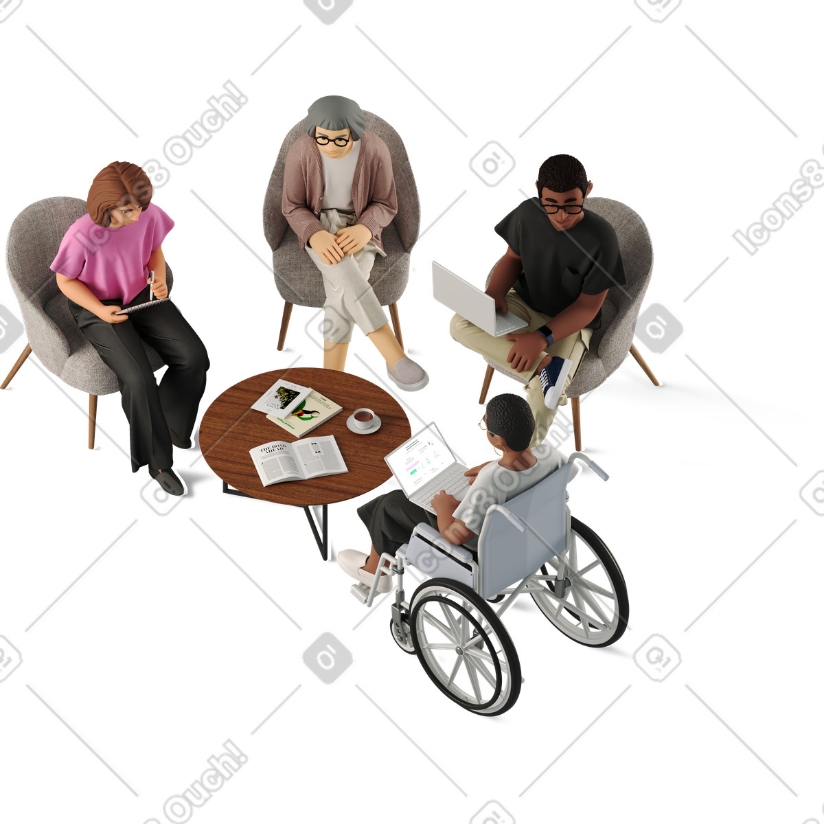 Ilustração de Four colleagues meeting at work em no estilo 3D Business para baixar em PNG, SVG