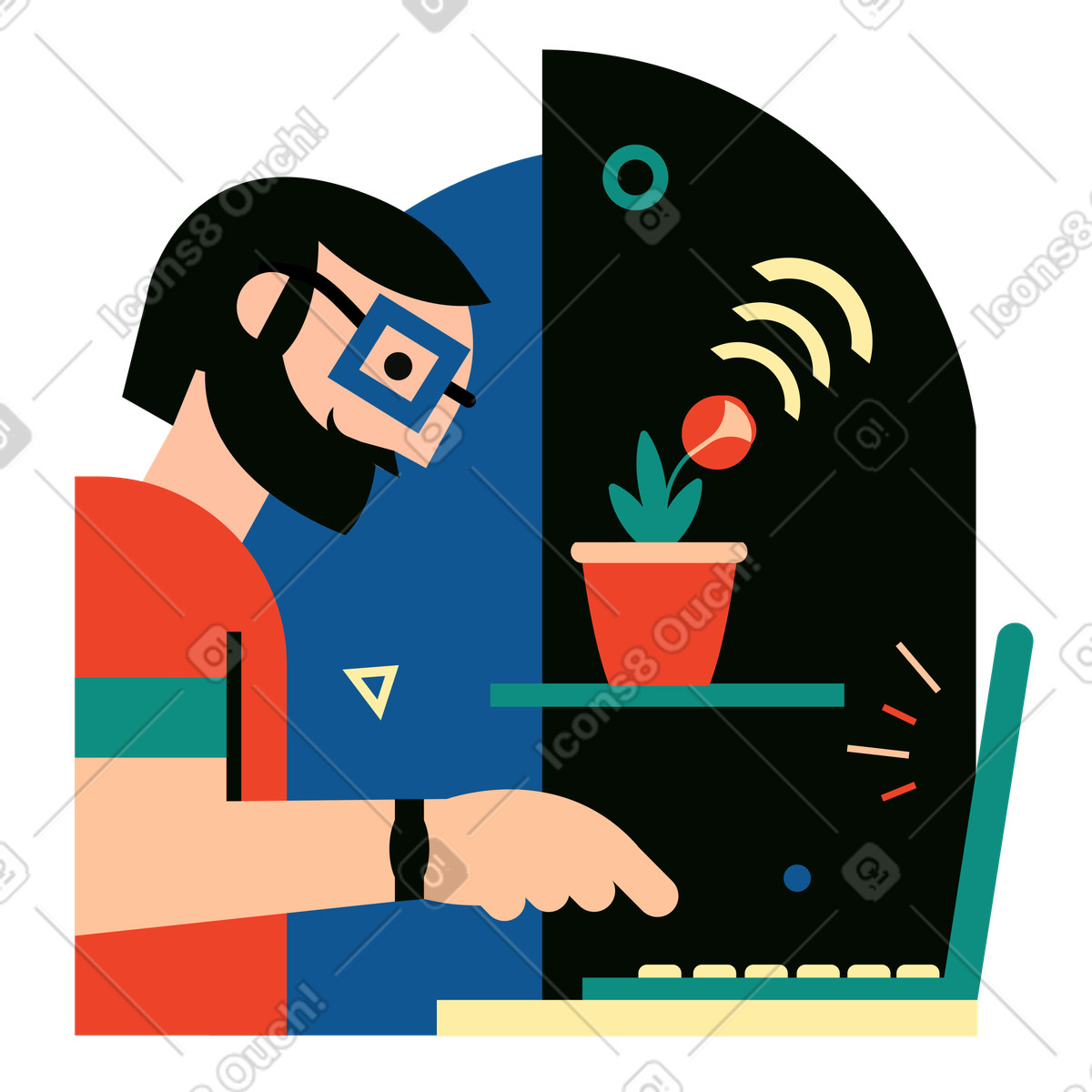 Ilustración Modern office setup with laptop and plant Wi-Fi signal, Eco-friendly technology concept en estilo Polar a descargar en PNG y SVG