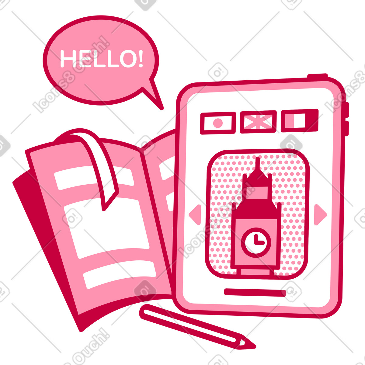 Online language learning, textbook and pencil illustration in Natty style download in PNG, SVG