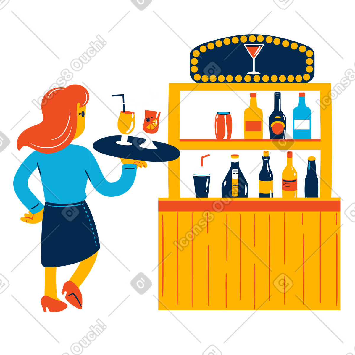 Illustration Serveuse avec boissons alcoolisées sur plateau dans le style Flame à télécharger aux formats PNG, SVG