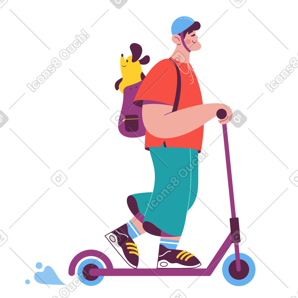 Typ mit einem hund in rucksack fährt einen elektroroller-Illustration im Sammy-Stil als Download PNG, SVG