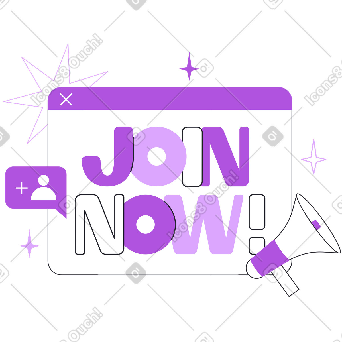 Web popup with Join Now message and megaphone, Online signup or event registration illustration in Grapy style download in PNG, SVG