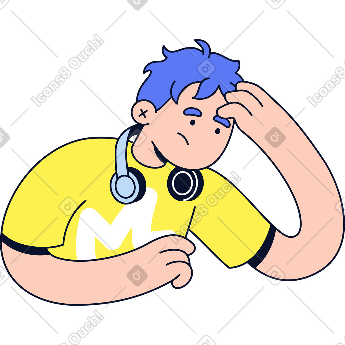 Uomo stanco con le cuffie che gli tengono la testa illustrazione in stile Flexy scarica in PNG, SVG