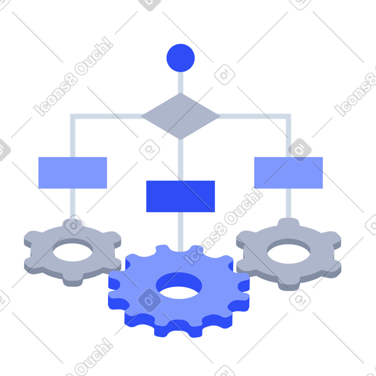 Workflow diagram with interconnected gears, Business process engineering illustration in System style download in PNG, SVG
