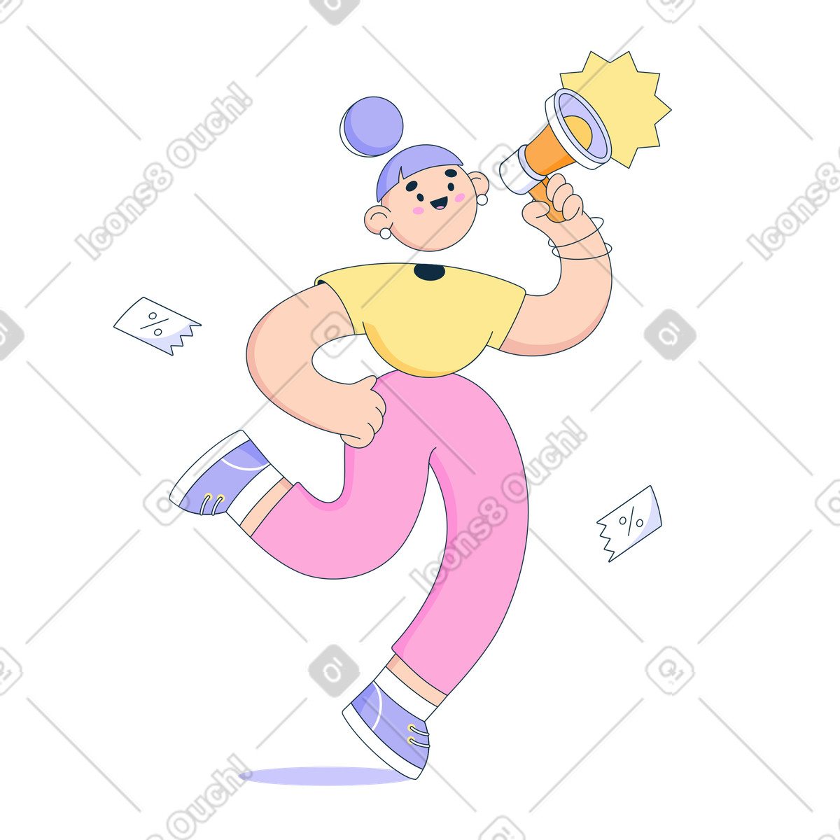 下载 Bubble gum 风格的 女人用扩音器宣布 插画，支持 PNG、SVG 格式
