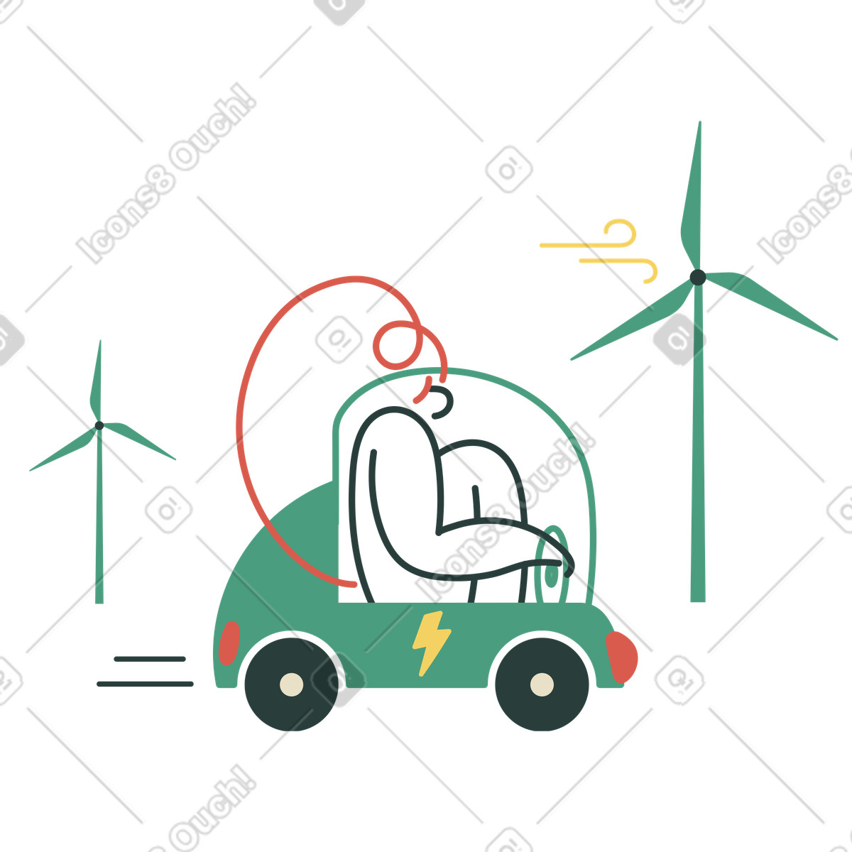 Driving electric car near wind turbines, Green energy and sustainability illustration in Macaroni style download in PNG, SVG
