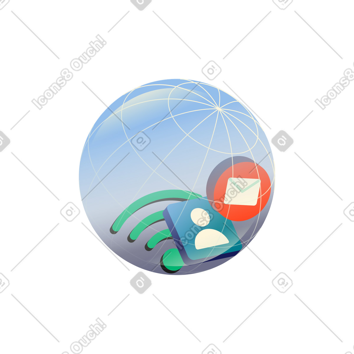 Beam スタイルの Internet communication globe with user profile and email notification icons のイラストをPNG、SVG形式でダウンロード