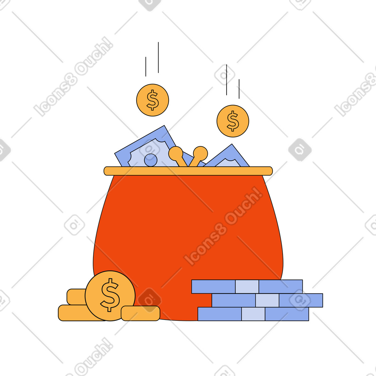 Ilustración Monedero con caída de dinero y un fajo en estilo Bloom a descargar en PNG SVG