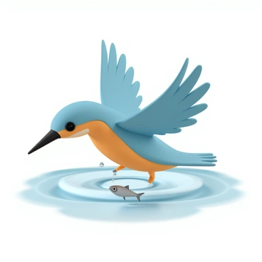 A vibrant kingfisher with bright blue and orange plumage is soaring downwards, its sharp beak pointed towards the surface of the water. The bird is in mid-dive, with its wings outstretched and water droplets splashing around its body. Below, a small silver fish can be seen darting just beneath the water's surface, its scales glinting in the sunlight. The background features rippling water, reflecting shimmering light as the kingfisher prepares to capture its meal.