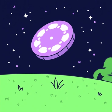 A glowing frisbee is flying through the air in an open field. The frisbee is circular with distinct patterns that create an illuminated effect. Below, the grass in the field is visible, swaying gently in the night breeze. In the background, the sky is filled with numerous stars, twinkling brightly against the dark backdrop. Shadows of trees can be seen along the edges of the field, contrasting with the glowing frisbee as it soars through the night.