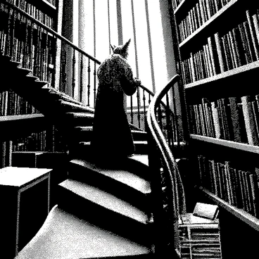 An elf with pointed ears and long flowing hair is climbing a spiral staircase. The staircase winds upward, surrounded by tall bookshelves brimming with various books. The library tower is expansive, with shelves that stretch towards the ceiling, creating a sense of height. The elf is wearing ornate clothing, adorned with intricate patterns. Light filters through high windows, casting shadows on the staircase. The scene is filled with books of different sizes and shapes, some stacked on tables and others left open on the stair railing.