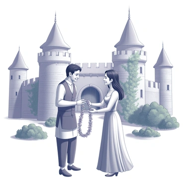 A couple stands in front of an ancient castle with large stone walls and towering spires. The man, dressed in traditional attire, is holding a garland made of flowers, while the woman, in a flowing dress, is reaching out to receive it. They are both smiling, and their hands are gently touching as they exchange the garlands. The castle's grand entrance is visible in the background, framed by lush greenery and vines climbing the stone. The scene captures a moment of celebration and connection between the couple.