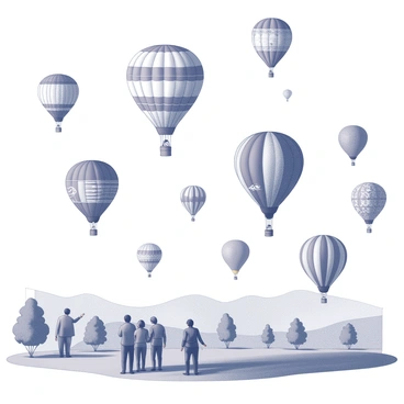 A sky filled with numerous hot air balloons of various shapes and sizes. Each balloon features unique patterns, textures, and designs that create a vibrant scene. Some balloons are in the process of being inflated, while others are floating gracefully at different altitudes. Below, a crowd of enthusiastic festival-goers gazes upward, pointing at the balloons. The landscape features green grass, a few trees, and a distant view of rolling hills. The overall atmosphere conveys a sense of excitement and celebration.