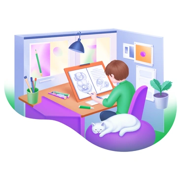 A cozy home studio filled with warm, ambient lighting. In the center, a freelancer is seated at a wooden desk, illustrating a book on a large sketchpad. The freelancer has short brown hair and is focused intently on their work, surrounded by various art supplies like colored pencils and paintbrushes. Next to the desk, a fluffy white cat is curled up, peacefully napping on a soft, plush blanket. On the walls, there are colorful illustrations pinned up, showcasing the freelancer's artistic style. A potted plant in the corner adds a touch of greenery to the scene.